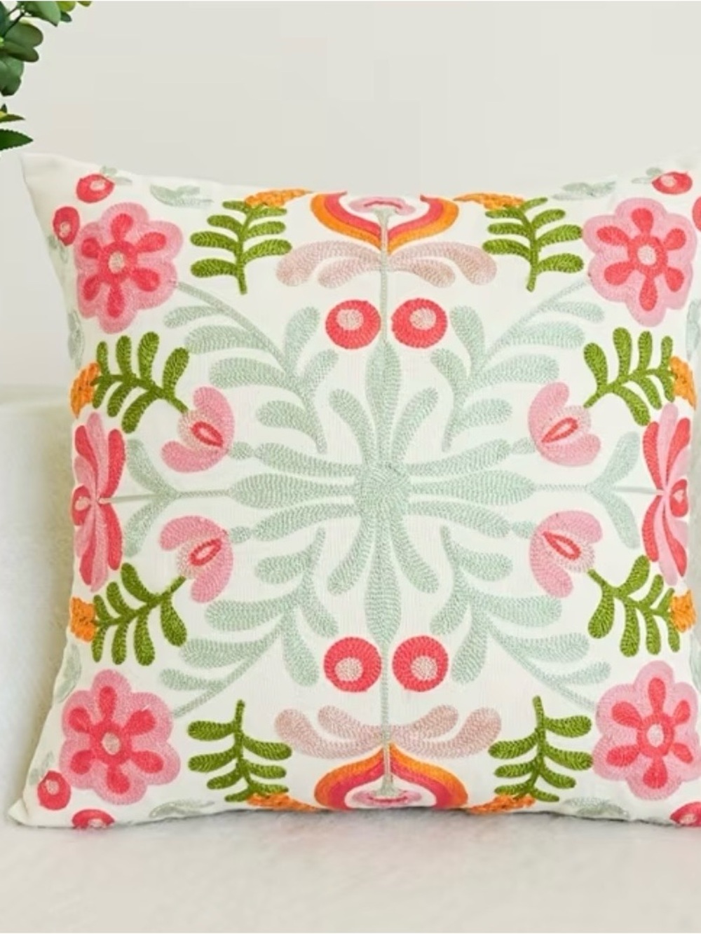 Embroidered Floral Throw Pillow - Pink, Green & Orange 18”